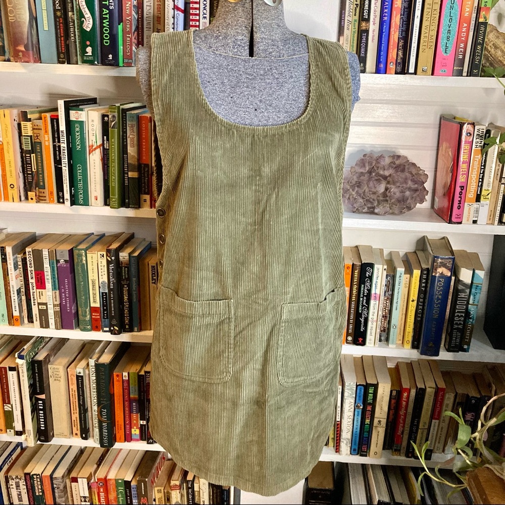 Y2K Olive Green Corduroy Jumper Mini Dress with Front Pockets Cottage Core